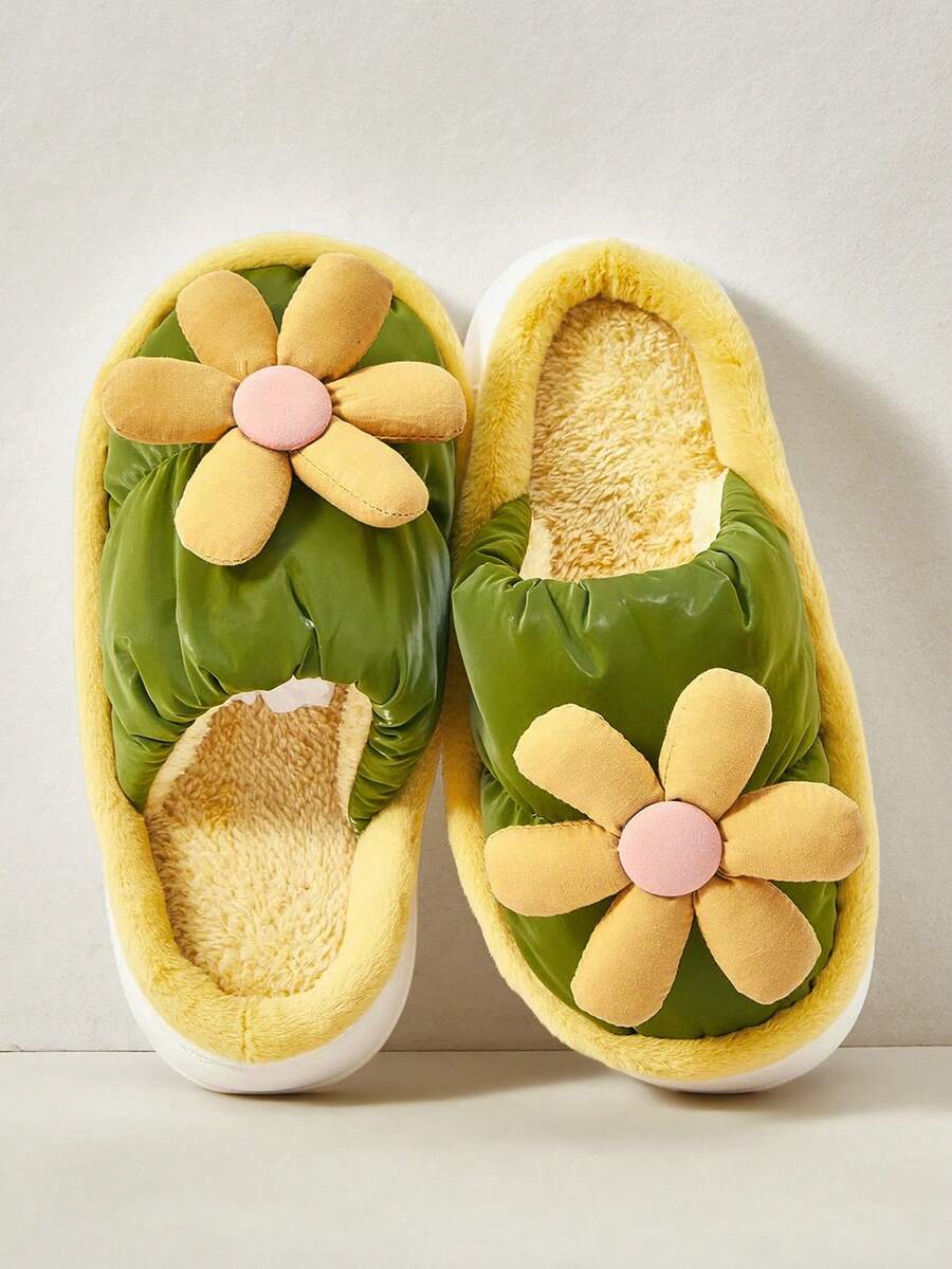 Cuccoo Sunflower Decor Colorblock Plush Slippers, Suitable For Indoor Wear In Autumn And Winter For Christmas And New Year Holiday Vibe Fall And Winter - Green - View 1