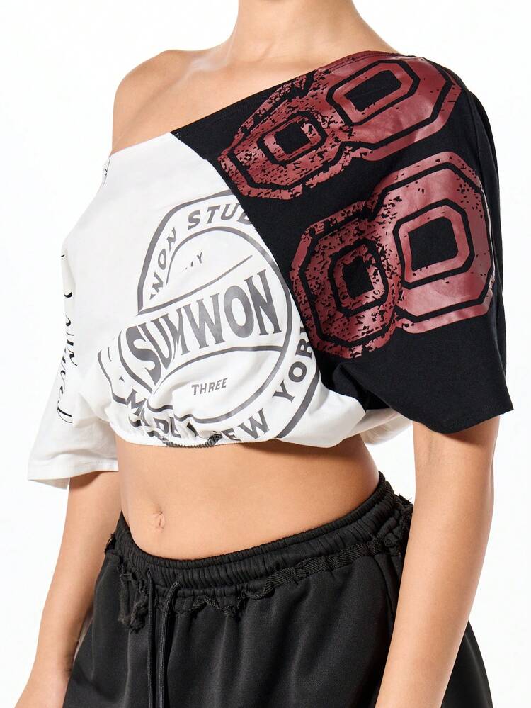 SUMWON WOMEN カラーブロック デザイン ビンテージロゴプリント オフショルダー グラフィックTシャツ