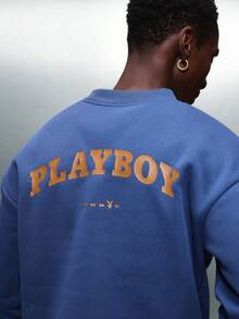 PLAYBOY X SUMWON 短款复古徽标拉链开衫卫衣复古街头风格秋冬外套 - 寶藍色 - 查看 8