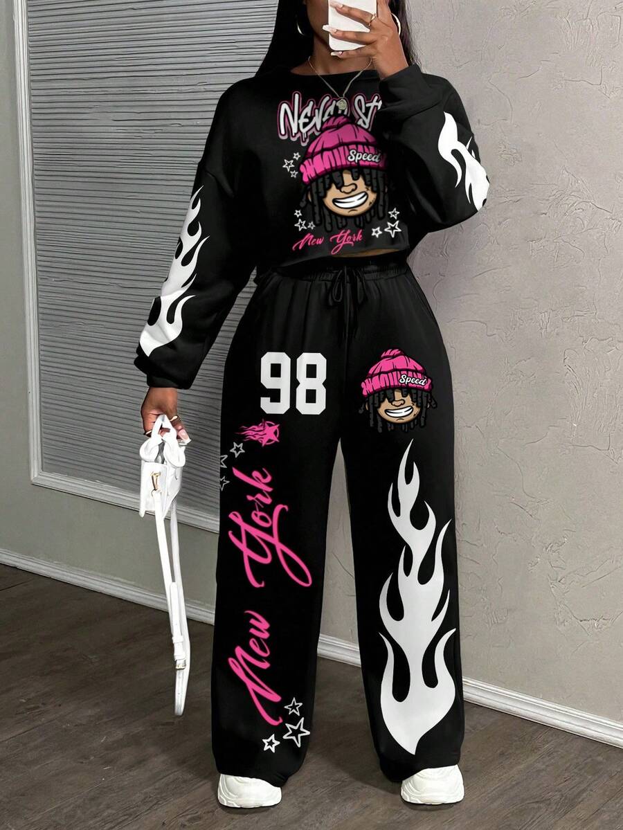 Slaydiva 女士休闲街头风格宽松两件套运动服套装,适合秋冬季 - 黑色 - 查看 1