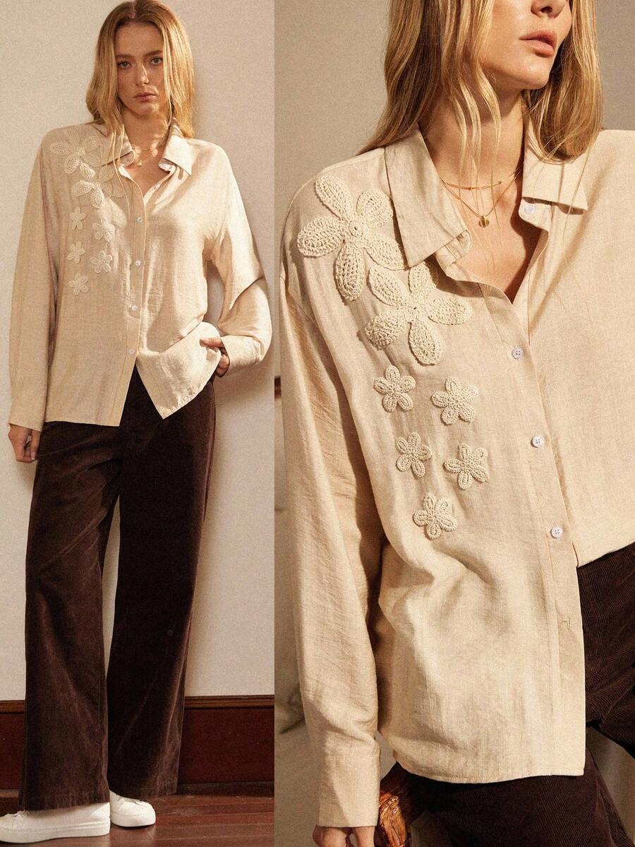 Écloséra Women's Commuting Daily Versatile Long-Sleeved Three-Dimensional Flower Decoration Women's Autumn And Winter Shirt Tops Women's Shirts Women's Shirts Long-Sleeved Tops Women's Elegant Shirts Women's Casual Shirts - Khaki - View 1