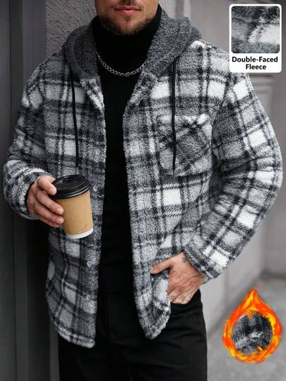 Manfinity CasualCool 男士格子抓绒连帽外套，单排扣设计，带口袋和抽绳，适合聚会、约会、居家、办公、度假等多种场合，不易褪色且易于清洗，是送给男友或丈夫的最佳礼物，秋冬季必备。