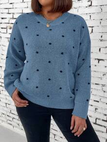 EMERY ROSE Plus Size Women Polka Dot Pattern Drop Shoulder Long Sleeve Casual Pullover Sweater, Autumn/Winter - Multicolor - View 4