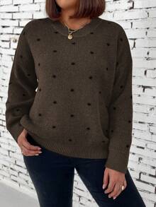 EMERY ROSE Plus Size Casual Polka Dot Pattern Round Neck Drop Shoulder Sweater, Autumn/Winter - Multicolor - View 4