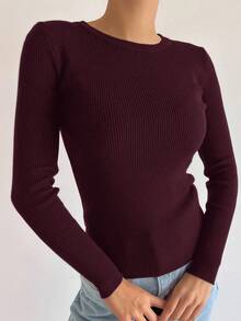 DAZY Women's Solid Color Round Neck Raglan Sleeve Ribbed Pullover Sweater - Burgundy - View 3
