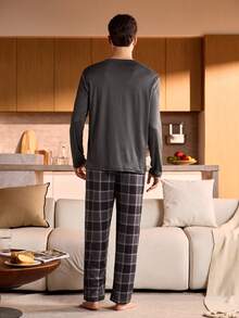Provexi Provexi Plus Size Men's Comfortable Plaid Pocket Long Sleeve Top And Pants Pajama Set, Autumn, Christmas - Dark Grey - View 2