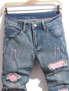 Manfinity Homme 男士修身破洞口袋休闲牛仔裤 男士破洞牛仔裤 街头潮流牛仔裤 - 淺色水洗藍 - 查看 3