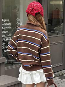 DAZY 青少年女孩条纹落肩长袖高领休闲宽松毛衣，秋冬 - 棕色 - 查看 5