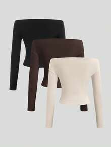 Sweetra 3pcs/Set Women's All-Match Off-Shoulder Long Sleeve Crop Top, Comfortable & Skin-Friendly, Slim Fit