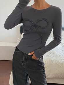 DAZY 女式纯色修身圆领长袖蝴蝶结休闲T恤，秋冬 - 灰色 - 查看 5