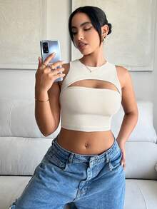 SHEIN SXY Women Solid Color Hollow Out Short Ribbed Slim Fit Tank Top - Multicolor - View 17