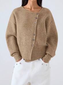 LYSMO Áo khoác len cardigan tay dài, cài khuy đơn, màu kaki thường ngày, trễ vai, màu kaki ngắn, cài nút mùa thu, áo len cardigan cài nút - Màu Khaki - Xem 4