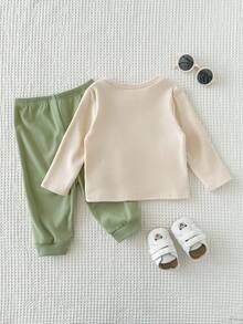 Cozy Pixies 2pcs Baby Boy Cartoon Dinosaur Contrast Color Crew Neck Long Sleeve Pullover Top And Elastic Waist Pants Set, Thermal Lined, Suitable For Winter Baby Boy Clothes Long Sleeve Neutral Baby Clothes Unisex 2026 Dinosaur Baby Boys Outfit Baby Casual Sets