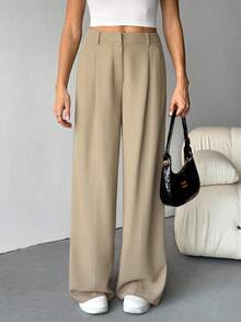 SHEIN Tall Calça feminina solta casual plissada de cor sólida e perna larga - Caqui - Ver 3