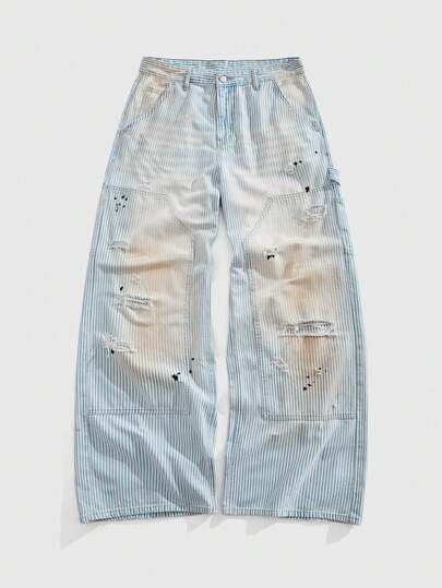 Grunge Punk Men's Striped Pocket Punk Wide Leg Distressed Loose Fit Jeans