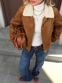 SHEIN LUNE Damen Lässig Fleece Taschen Fliegerjacke