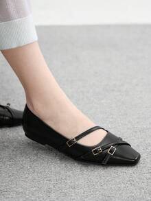 CUCCOO BIZCHIC Giày bệt Mary Jane mũi vuông màu đen có khóa chéo, thoải mái khi đi làm và mặc váy - màu đen - Xem 5