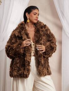 VOLUPTÉ CURVE Abrigo largo de talla grande para mujer, de estilo vintage artístico y elegante, con cuello alto de contraste de piel sintética, manga raglan de manga larga, suelto y esponjoso, versátil y a la moda, para otoño/invierno