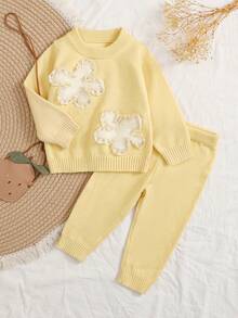 SHEIN Vintaside Kids 女婴针织毛衣套装，婴幼儿黄色长袖毛衣上衣 + 毛衣裤两件套，提花图案带荷叶边，适合秋冬季日常穿着、外出旅行 - 黃色 - 查看 1