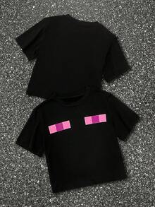 Glimmora Y2K Style Cropped Purple Eye & Color Block Pixel Print Sexy Club Punk Street Casual Black Crop Top For Summer, Minimalist Aesthetic