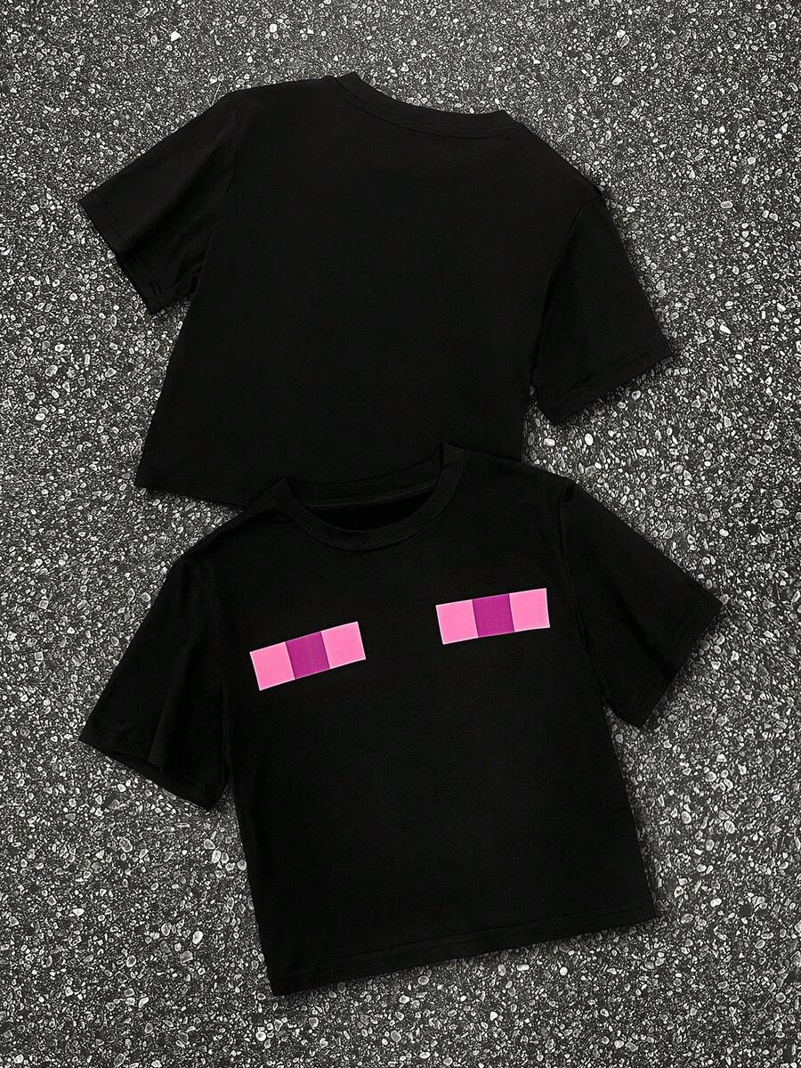 Glimmora Y2K Style Cropped Purple Eye & Color Block Pixel Print Sexy Club Punk Street Casual Black Crop Top For Summer, Minimalist Aesthetic