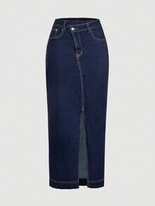 Sweetra Fashionable Casual Elegant Asymmetric Waist Slit Denim Skirt - Dark Wash - View 1