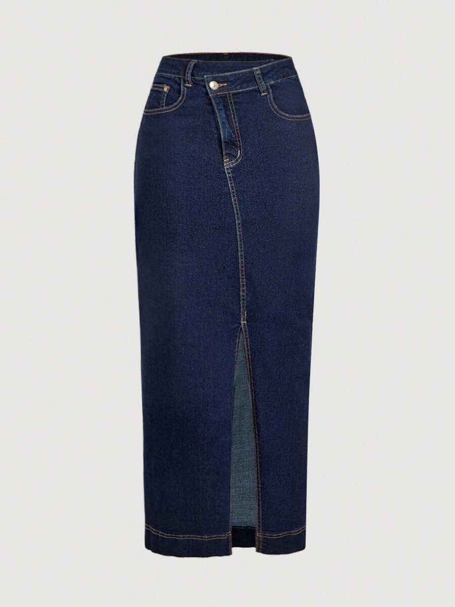 Sweetra Fashionable Casual Elegant Asymmetric Waist Slit Denim Skirt - Dark Wash - View 1