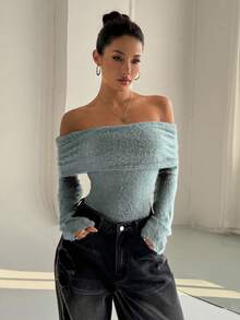 FavEase Autumn/Winter Thick Off Shoulder Turtleneck Long Sleeve Bodysuit - Blue - View 4