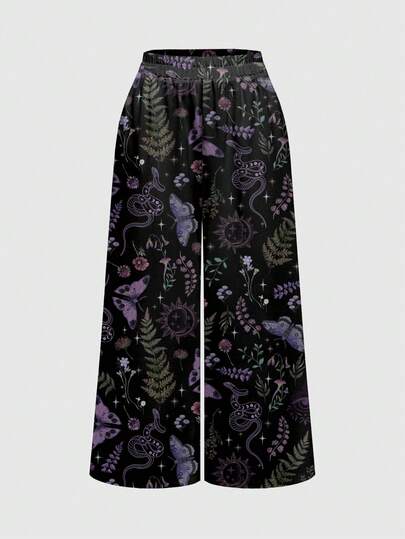 Goth Plus Size Loose Wide Leg Pants With Dark Butterfly, Floral, Leaf, Sun And Moon Allover Print, Gothic Style