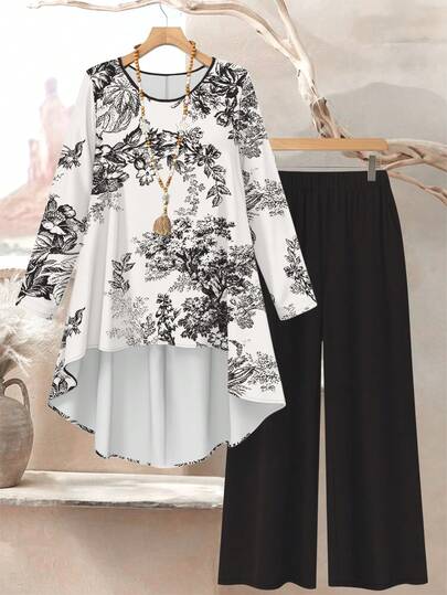 Lacomfia 大码女式复古花卉数码印花休闲宽松圆领上衣和裤子两件套