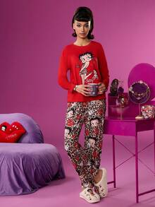 Betty Boop x SHEIN 女士红色贝蒂豹纹卡通图案落肩上衣和裤子睡衣套装秋冬圣诞睡衣套装新年秋装 - 紅色 - 查看 5