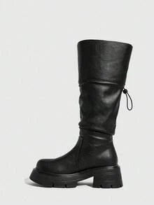 Daringsoles 厚底厚底及膝靴，弹力靴，圆头粗跟时尚靴，百搭女靴 - 黑色 - 查看 6