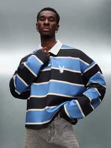 PLAYBOY X SUMWON Crop Fit Long Sleeve Striped Polo Shirt With White Collar And Button Placket Classic Rugby Style Top - BLUE AND BLACK - View 2