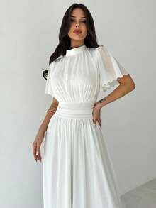 Firerie 女士优雅浪漫高腰 A 字形荷叶边立领连衣裙，喇叭袖，白色，适合通勤、海滩、度假 - 白色 - 查看 6