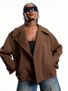 LYSMO Plus Size Brown Herringbone Plus Size Short Windbreaker, Autumn/Winter - Brown - View 3