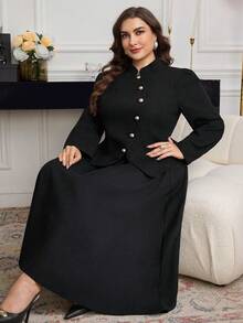 Modelyn Set elegant și chic, stil coreean, cu guler mandarin, mâneci lungi, mâneci bufante, jachetă metalică cu un singur nasture și fustă plisată în linie A, vintage, pentru navetiști - Negru - Vizualizare 1