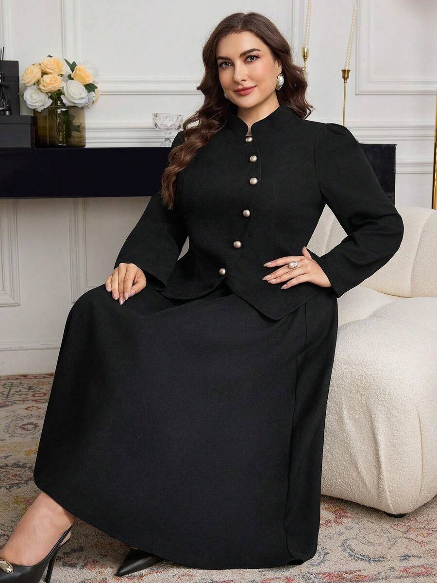 Modelyn Set elegant și chic, stil coreean, cu guler mandarin, mâneci lungi, mâneci bufante, jachetă metalică cu un singur nasture și fustă plisată în linie A, vintage, pentru navetiști - Negru - Vizualizare 1