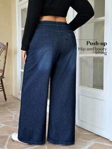 Flexra Plus Size Women Elastic Casual Straight Leg Jeans Date Night Navy Blue Summer - Dark Wash - View 2