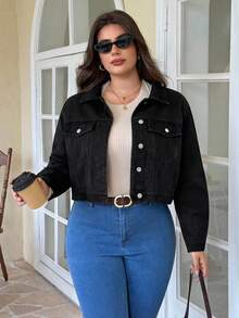 EMERY ROSE Plus Size Casual Commuter Cropped Denim Jacket - Black - View 7