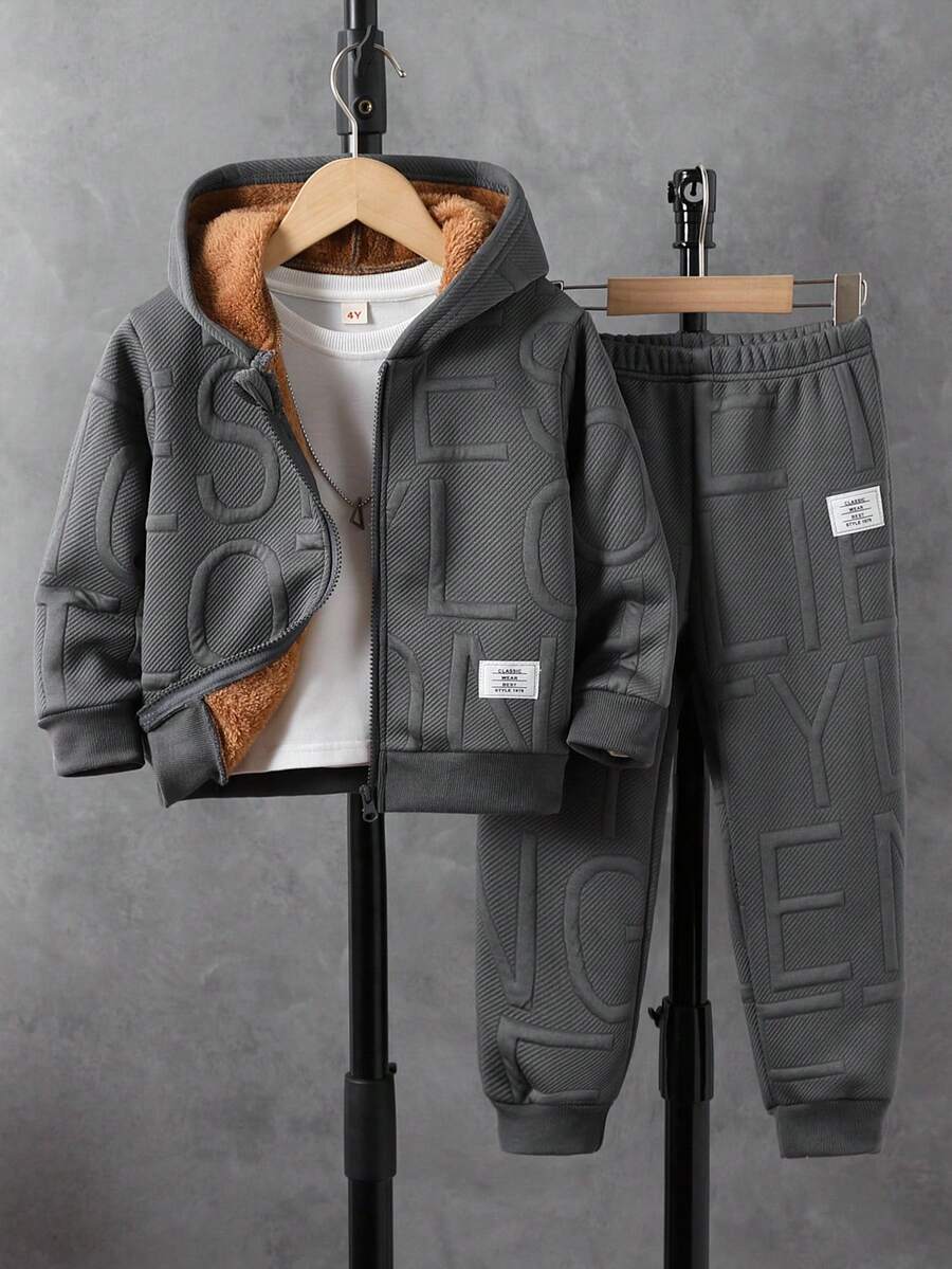 SHEIN Explorewe Bộ 2 món/Bộ quần áo dài tay lót giữ nhiệt màu trơn đơn giản cho bé trai tuổi teen, thích hợp mặc ngoài trời thường ngày, mùa thu/đông - Màu xám đen - Xem 1