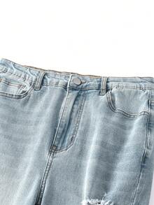 Teen Boys Casual Fashionable Versatile Light Blue Washed Ripped Jeans, Leg Flattering, High Stretch For Comfort And Easy Wear, Essential Item For Stylish Boys - Medium Wash - View 3