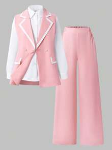 Sparklyn 少女撞色双排扣粉色夹克 + 白色长袖衬衫打底衫，粉色裤子优雅装扮 - 粉色 - 查看 5