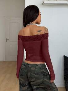 Coolane 女式春季巫术哥特音乐节十字图案蕾丝拼布露肩上衣，X 神秘之心 - 紅色 - 查看 6