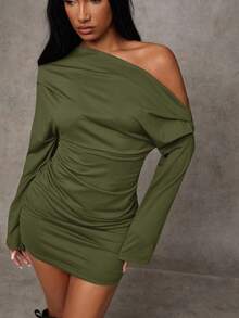 SHEIN BAE 女式纯色蝙蝠袖褶饰时尚迷你连衣裙 - 軍綠色 - 查看 7