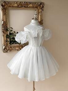 Lovelzi 优雅浪漫的白色超大立体花朵露肩聚拢蓬松连衣裙适合约会婚礼季晚宴单身派对返校季毕业季假新娘送礼会礼服，小白裙，新娘