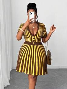 Maweii Plus Size Women's Sweater Dress,1950s Vintage Yellow Striped Cinched Waist A-Line Mini Dress, Knitted Everyday Autumn Dress,Punk Gothic Knitwear - Multicolor - View 3