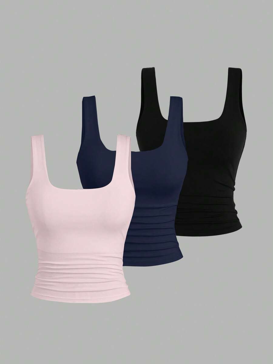 Sweetra ملابس علوية كاجوال للنساء بياقة مربعة وطيات، لون أحادي - متعدد الألوان - مشاهدة 1