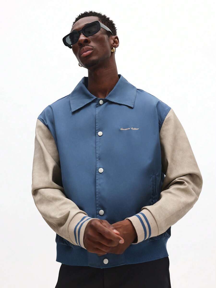 SUMWON 男式 Harrington 撞色袖飞行员夹克，运动风格休闲外套 - 彩色 - 查看 1