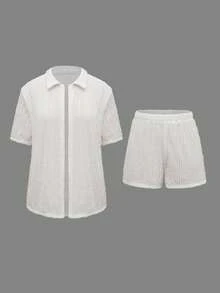 Swim Basics Women 2pcs/Set Off-White Summer Casual Beach Vacation Holiday Loose Striped Shirt With Collar & High Waist A-Line Shorts Two Pieces Set Co Ords Sets - White - View 1