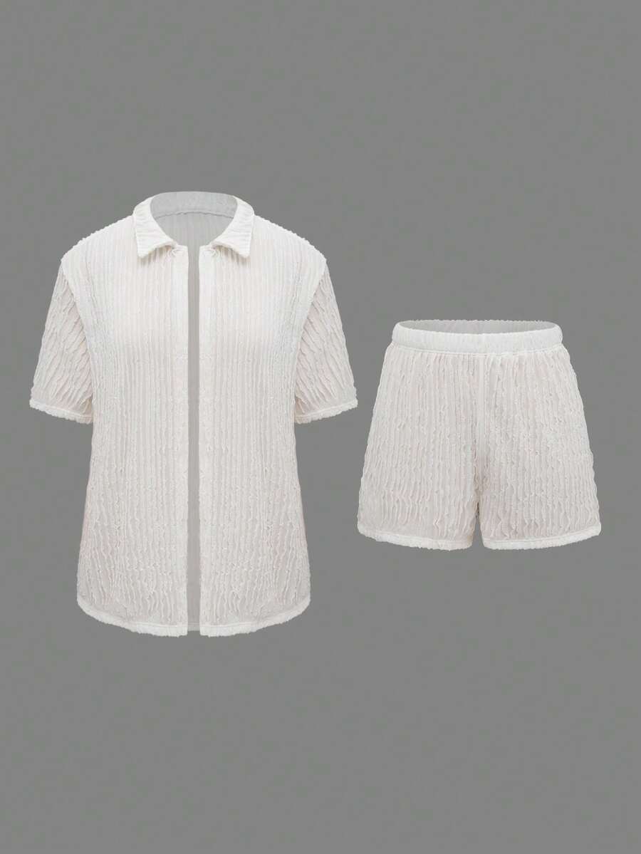 Swim Basics Women 2pcs/Set Off-White Summer Casual Beach Vacation Holiday Loose Striped Shirt With Collar & High Waist A-Line Shorts Two Pieces Set Co Ords Sets - White - View 1